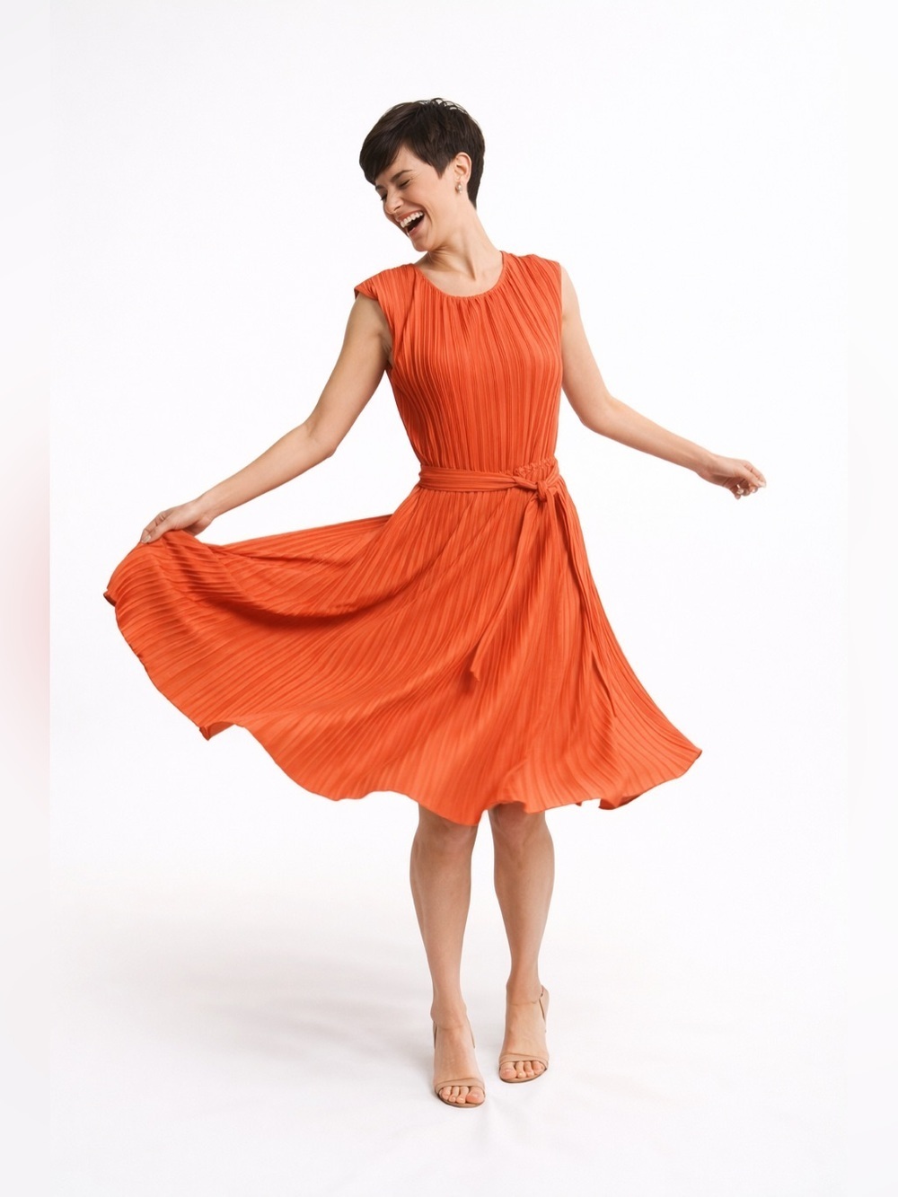 DKNY Peach Satiny accordion Pleated Dress Elastic waist sleeveless midi Sz 12